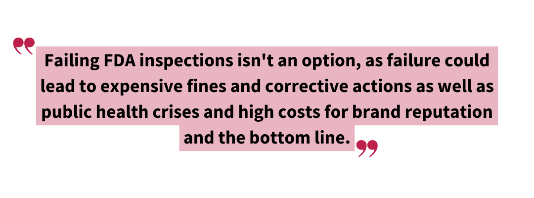 Failing FDA inspections isnt an option as failure could lead to expensive fines and corrective actions as well as public health crises and high costs for brand reputation and the bottom line