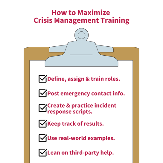 Rendering of a checklist with heading “How to Maximize Crisis Management Training”; Checklist items include: “Define, assign, & train roles,” “Post emergency contact info,” “Create & practice incident response scripts,” “Keep track of results,” “Use real-world examples,” and “Lean on third-party help.”