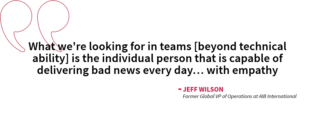 Pull quote from former AIB International Global VP of Operations Jeff Wilson emphasizing empathy alongside technical ability when communicating difficult food safety findings.