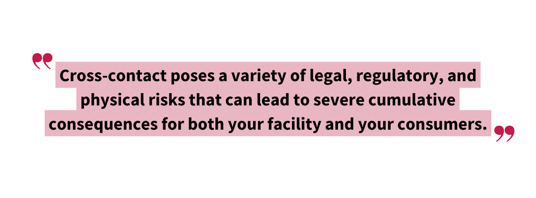 Stylized pullquote reads: “Cross-contact poses a variety of legal, regulatory, and physical risks that can lead to severe cumulative consequences for both your facility and your consumers,” illustrating the importance of allergen cross-contact prevention.