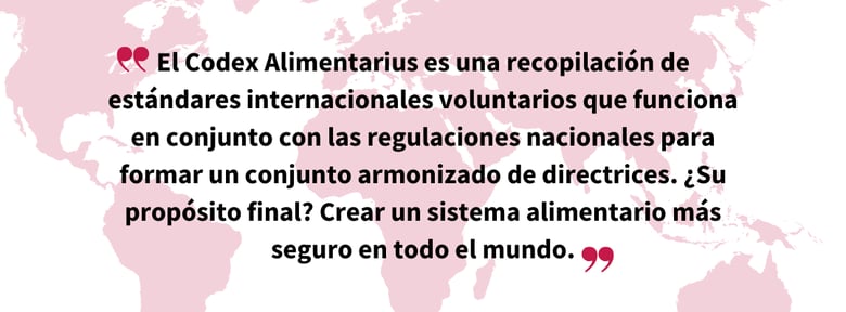Gráfico de cita sobre un mapa mundial que dice: “El Codex Alimentarius es una recopilación de estándares internacionales voluntarios que funciona en conjunto con las regulaciones nacionales para formar un conjunto armonizado de directrices. ¿Su propósito final? Crear un sistema alimentario más seguro en todo el mundo.”
