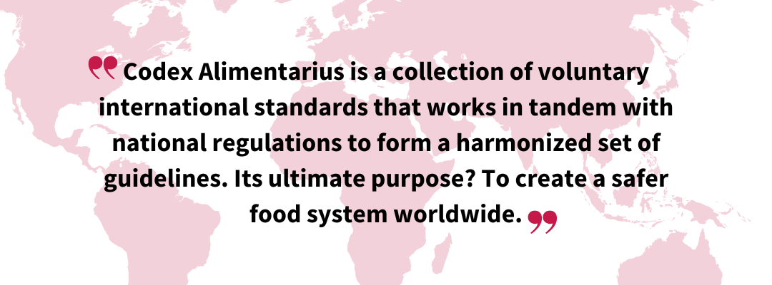 Pull quote graphic over a world map reading: “Codex Alimentarius is a collection of voluntary international standards that works in tandem with national regulations to create a safer food system worldwide.”
