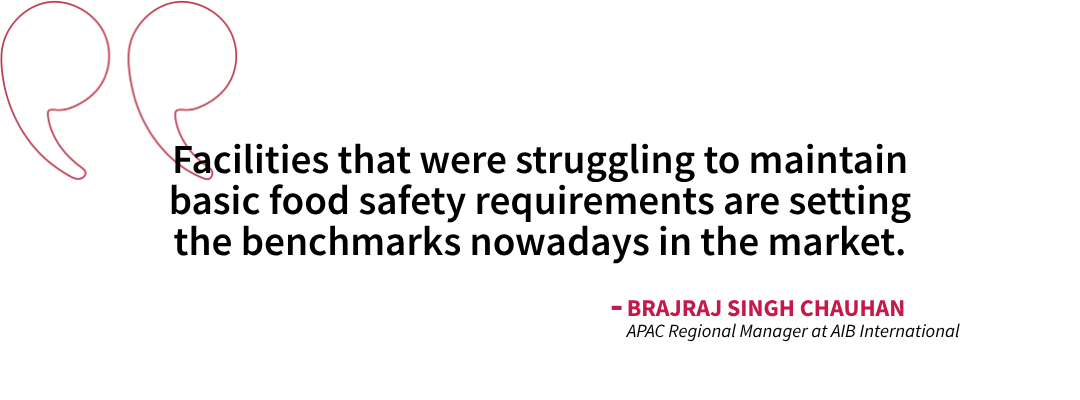 Pull quote from Brajraj Singh Chauhan describing how facilities using AIB International Consolidated Standards can progress from struggling with basic food safety requirements to setting industry benchmarks.