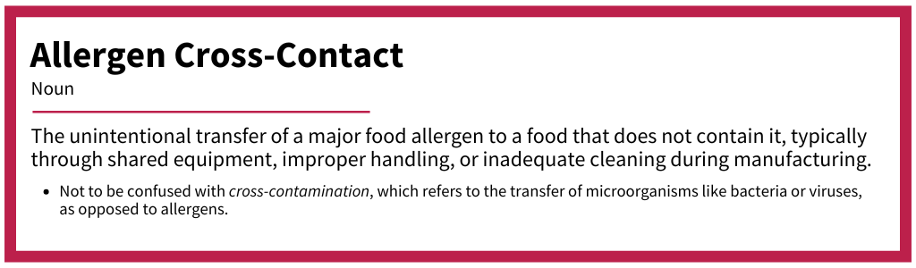 Dictionary-style graphic defining allergen cross-contact as the unintentional transfer of allergens during food manufacturing, with clarification on the term’s difference from cross-contamination.