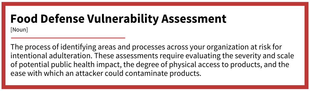 Definition-style graphic explaining a food defense vulnerability assessment and how organizations identify risks of intentional adulteration.
