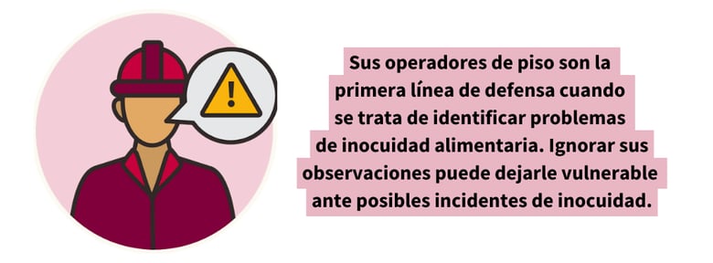 Gráfico de auditoría interna de inocuidad alimentaria que muestra a un operador de piso con un ícono de alerta, destacando que los trabajadores de primera línea son la primera línea de defensa en la identificación de problemas de inocuidad alimentaria.