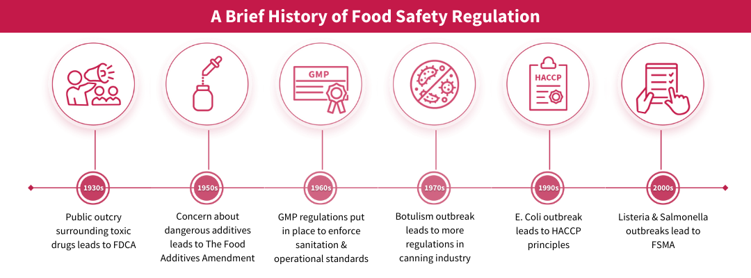 Infographic timeline titled “A Brief History of Food Safety Regulation,” showing key regulatory milestones from the 1930s to 2000s, including the FDCA, Food Additives Amendment, GMP standards, HACCP principles, and FSMA—all foundational to today’s PCQI regulatory requirements.
