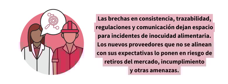 Ilustración de dos profesionales de inocuidad alimentaria conversando, con un ícono de engranaje que simboliza procesos operativos y alineación, junto a una cita destacada que dice: “Las brechas en consistencia, trazabilidad, regulaciones y comunicación dejan espacio para incidentes de inocuidad alimentaria. Los nuevos proveedores que no se alinean con sus expectativas lo ponen en riesgo de retiros del mercado, incumplimiento y otras amenazas”.