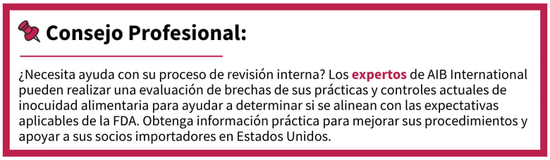 Gráfico con un consejo profesional que explica cómo una evaluación de brechas del FSVP puede ayudar a los exportadores a evaluar sus prácticas de inocuidad alimentaria, mejorar el cumplimiento de los requisitos de exportación y brindar un mejor apoyo a sus socios importadores en Estados Unidos.