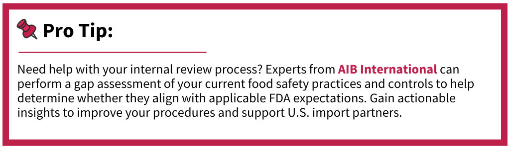 Pro tip graphic explaining how an FSVP gap assessment can help exporters evaluate food safety practices, improve export compliance, and better support U.S. import partners.