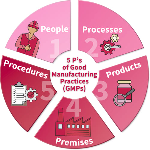 GMP inspections framework showing the 5 Ps: people, processes, products, premises, and procedures in food safety audits.