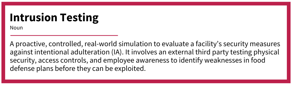 Intrusion testing definition for food defense assessment showing how real-world simulations identify vulnerabilities in facility security and access controls.