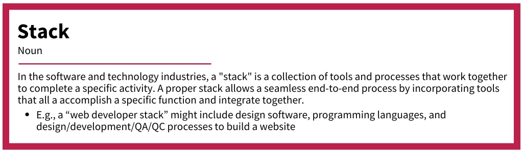 Definition of “stack,” describing the collection of tools and processes that work together to complete a specific activity (like PCQI documentation) and allow a seamless end-to-end process by incorporating tools that each accomplish a specific function and integrate together.