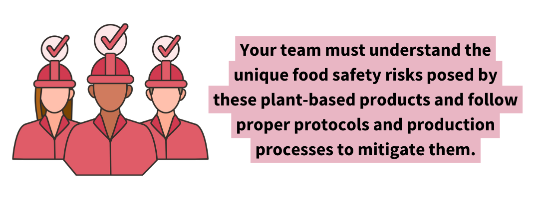 Illustration of food safety workers with check marks beside a quote about plant-based proteins. Text reads: “Your team must understand the unique food safety risks posed by plant-based products and follow proper protocols to mitigate them.” Highlights the importance of ongoing training and awareness in plant-based protein manufacturing.