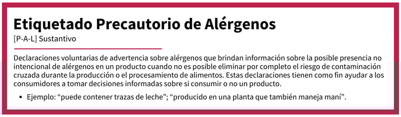 Gráfico que define el “Etiquetado precautorio de alérgenos (P-A-L)” como declaraciones voluntarias en las etiquetas de advertencia que informan sobre la posible presencia no intencional de alérgenos en los productos alimenticios. Incluye ejemplos como “puede contener trazas de leche” y “producido en una planta que también maneja maní”.