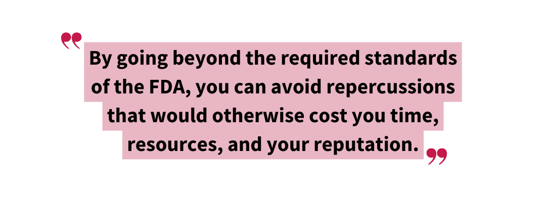 Pull quote graphic reading: “By going beyond the required standards of the FDA, you can avoid repercussions that would otherwise cost you time, resources, and your reputation.” Emphasizes the importance of precautionary allergen labeling and proactive compliance with FDA allergen advisory statements.