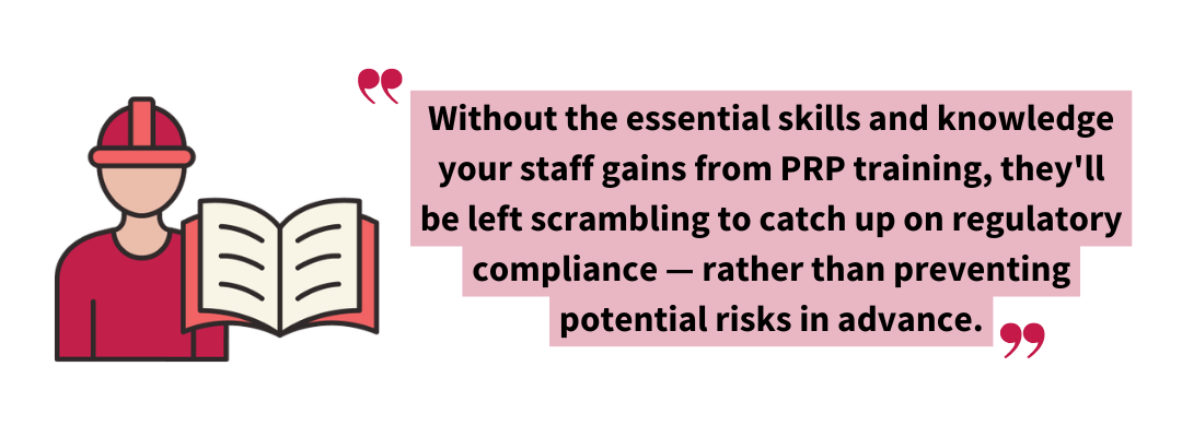 Stylized pull quote describing how prerequisite programs training helps employees prevent food safety risks and stay ahead of regulatory compliance.