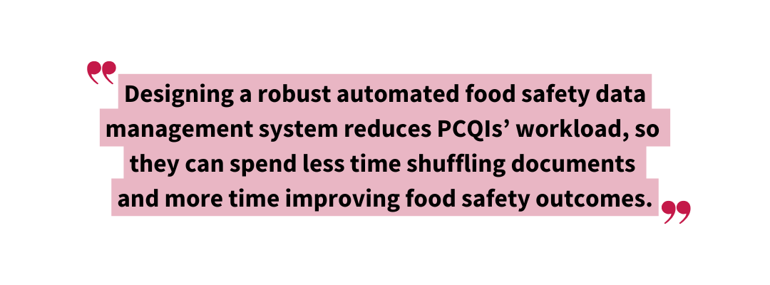 Stylized pull quote reads: “Designing a robust automated food safety data management system reduces PCQIs’ workload, so they can spend less time shuffling documents and more time improving food safety outcomes.” Highlights how the right data management system can relieve the burden of PCQI documentation.