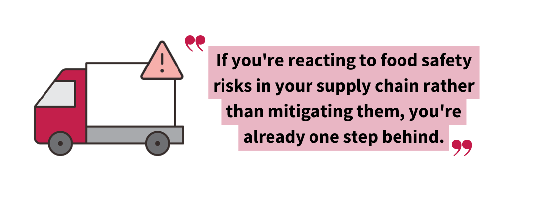 Stylized pullquote graphic reading: “If you’re reacting to food safety risks in your supply chain rather than mitigating them, you’re already one step behind,” illustrating the importance of proactive supplier programs.