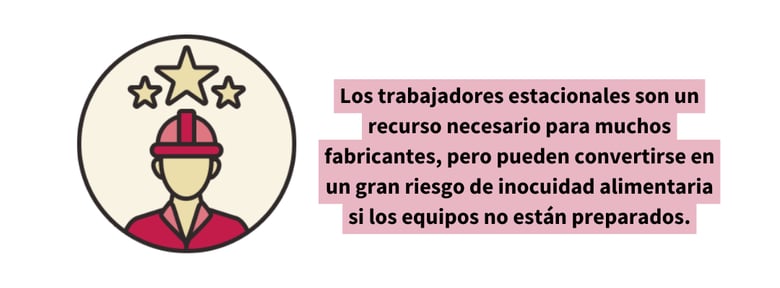 Ilustración de un profesional de inocuidad alimentaria junto a una cita que dice: “Los trabajadores estacionales son un recurso necesario para muchos fabricantes, pero pueden convertirse en un gran riesgo de inocuidad alimentaria si los equipos no están preparados”.