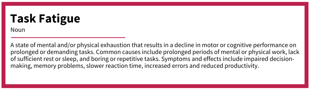 Definition of “task fatigue,” describing it as a state of mental or physical exhaustion that leads to impaired decision-making, slower reaction times, and higher error rates. Defines causes such as lack of rest, repetitive tasks, and prolonged work periods, emphasizing the impact of worker fatigue on food safety performance.