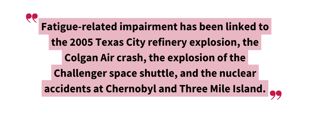 Pull quote graphic listing major disasters that have been linked to fatigue-related impairment, including the 2005 Texas City refinery explosion, the Colgan Air crash, the Challenger explosion, and the nuclear accidents at Chernobyl and Three Mile Island. Highlights how worker fatigue can contribute to catastrophic safety failures across industries.