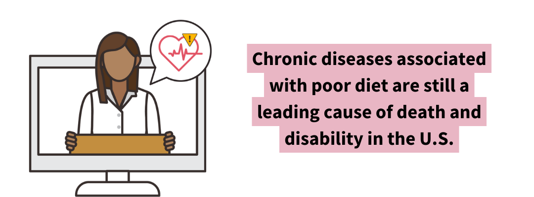 Illustration of a health expert highlighting that chronic diseases linked to poor diet remain a leading cause of death and disability in the U.S., supporting the need for FDA Nutrition Info boxes.